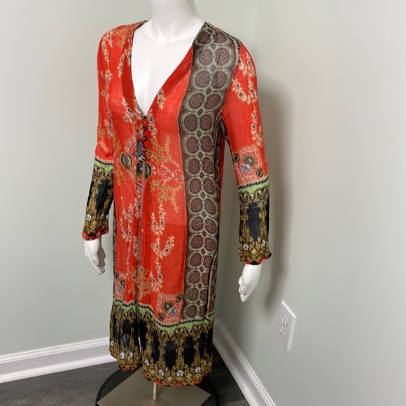 Farm Rio Long Sleeve Sheer Button Blouse with Side Slits